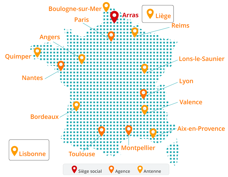 Répartition des agences et points de chute d'Ecogeos en France metropolitaine